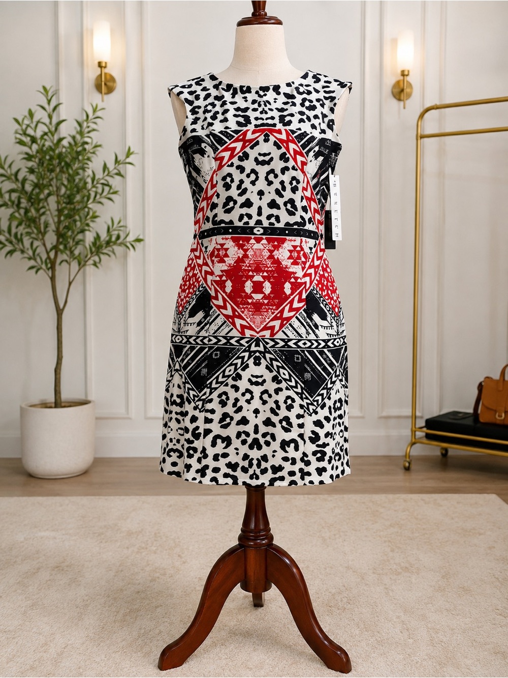 ILE  New York Size 8 NWT Red Black White Animal Geometric Print Sheath Dress